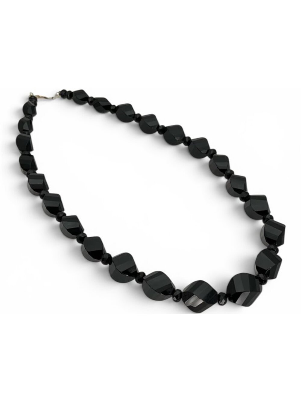Natural Black Onyx Faceted Twist Bead & Sterling Silver Necklace Gemstone Jewelr